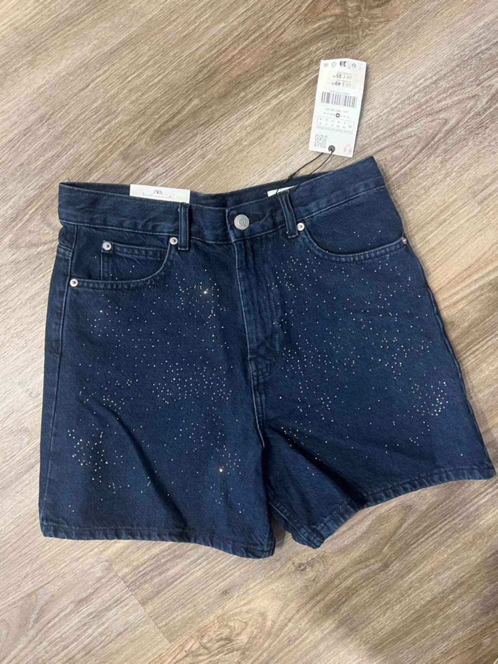 Zara Navy Denim Shorts with Rhinestone Accents